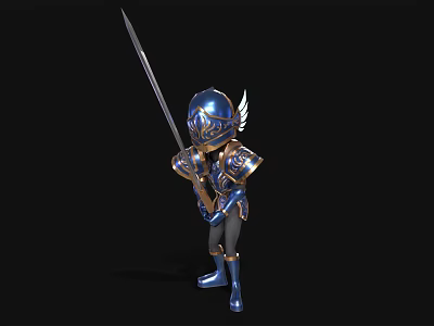 Man in Blue Winged Armor Wielding a Long Sword with Ornate Details 3d model