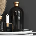 Elegant Decorative Ornament Set With Black Glass Vases Golden Rims Pampas Grass And White Candle