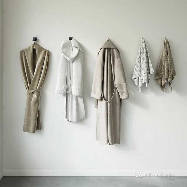 Soft Absorbent Bathrobes And Towels Hanging On Wall For Daily Use 3d model 