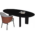 Modern Oval Wooden Desk With Open Book And Light Gray Brown Chair