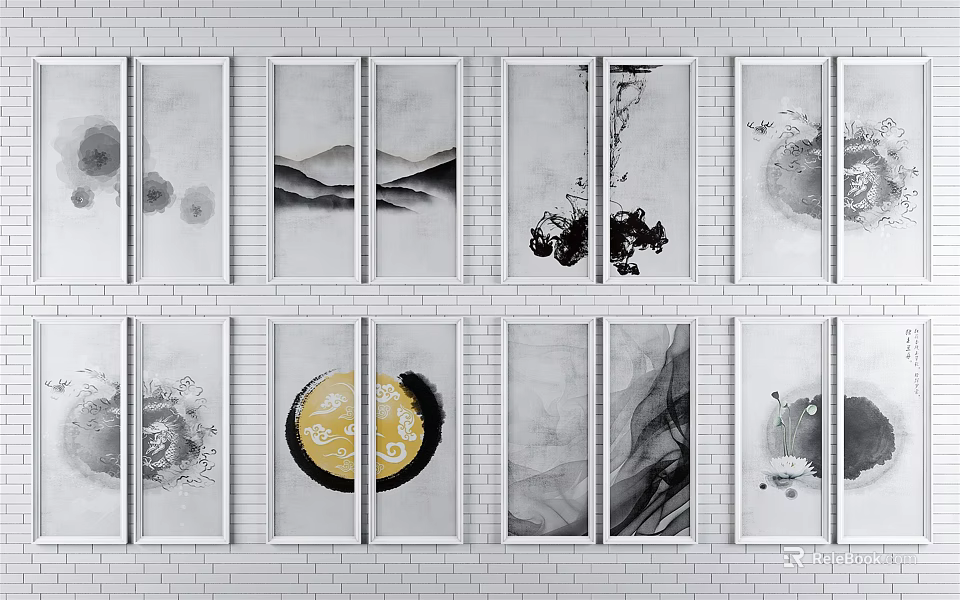 Black And White Ink Paintings Wall Art Arrangement On White Brick Wall 3d model 