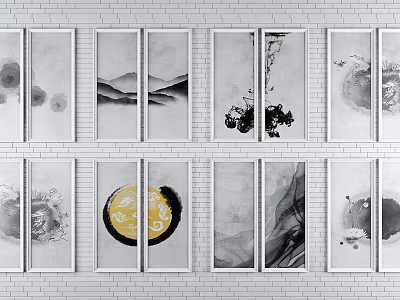 Black And White Ink Paintings Wall Art Arrangement On White Brick Wall 3d model
