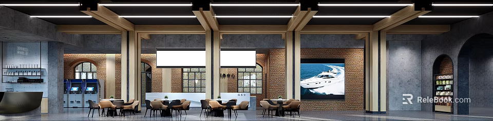 Modern Indoor Dining Space With Brick Wall Wooden Beams Large Screen And Comfortable Chairs 3d model 