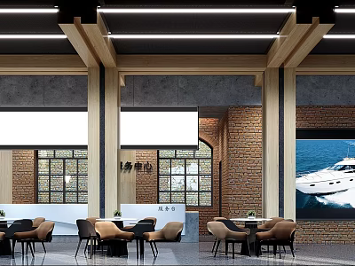 Modern Indoor Dining Space With Brick Wall Wooden Beams Large Screen And Comfortable Chairs 3d model