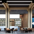 Modern Indoor Dining Space With Brick Wall Wooden Beams Large Screen And Comfortable Chairs