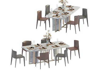 Modern Dining Table Set With Marble Top Chairs Tableware And Flower Vase 3d model