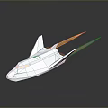 White Aerodynamic Spacecraft Model With Orange Flames And Reflective Gray Background