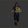 Traditional Warrior Man With Headscarf Holding Decorative Shield And Sword Against Gray Background