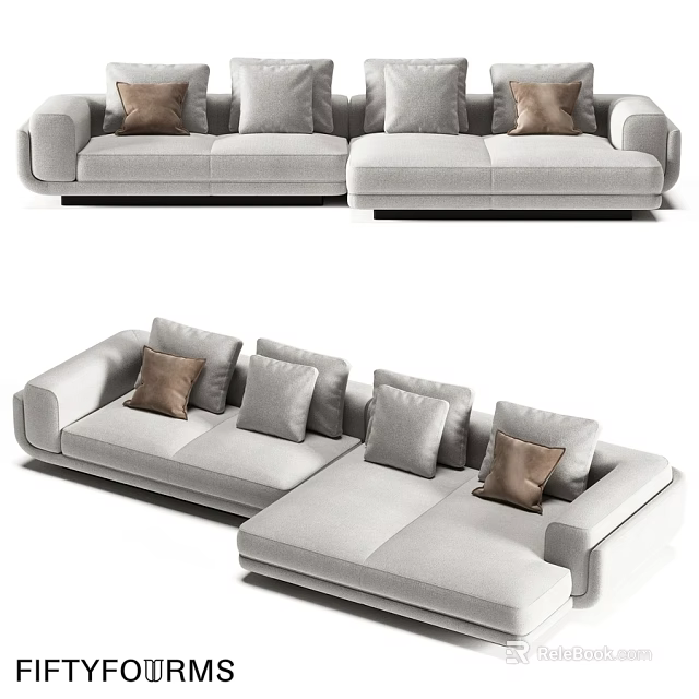 Modern Light Gray Double Sofa With Comfortable Cushions And Brown Accent Pillows 3d model 