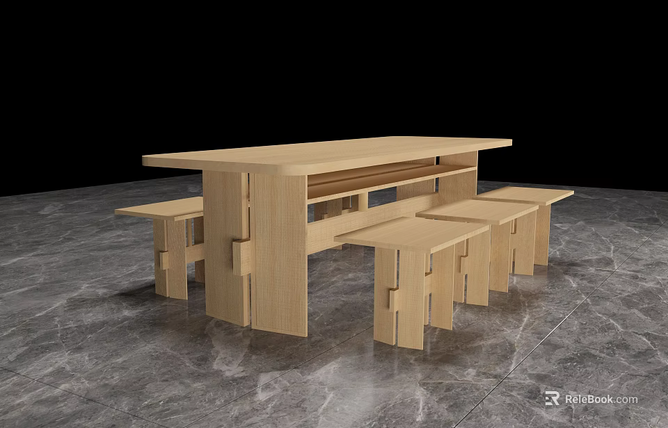 Modern Simple Wooden Dining Table and Bench Set with Natural Home Design 3d model 