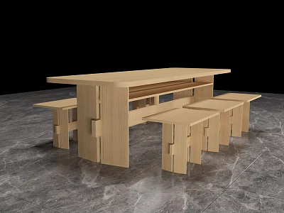 Modern Simple Wooden Dining Table and Bench Set with Natural Home Design 3d model