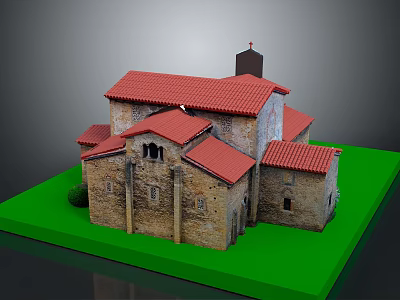 Historic Architectural Model With Red Tiled Roofs Stone Walls And Cross Tower 3d model