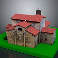 Historic Architectural Model With Red Tiled Roofs Stone Walls And Cross Tower