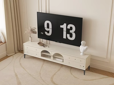 Modern White TV Stand With Drawers Open Shelves TV Decorative Statue And Potted Plant 3d model