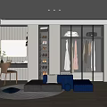 Modern Walk-in Closet Interior Design With Glass Door Wardrobe Hanging Clothes Shoes And Seating Area