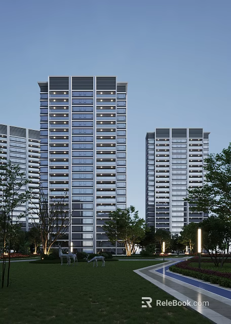 Modern High Rise Residential Buildings With Glass Facade Bright Windows Surrounding Trees And Street Lanterns 3d model 