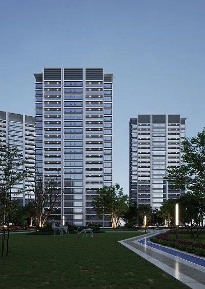Modern High Rise Residential Buildings With Glass Facade Bright Windows Surrounding Trees And Street Lanterns 3d model