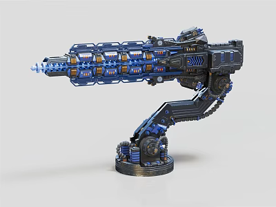 Futuristic Mechanical Weapon With Blue Black Barrel Robotic Arm And Base Structure 3d model