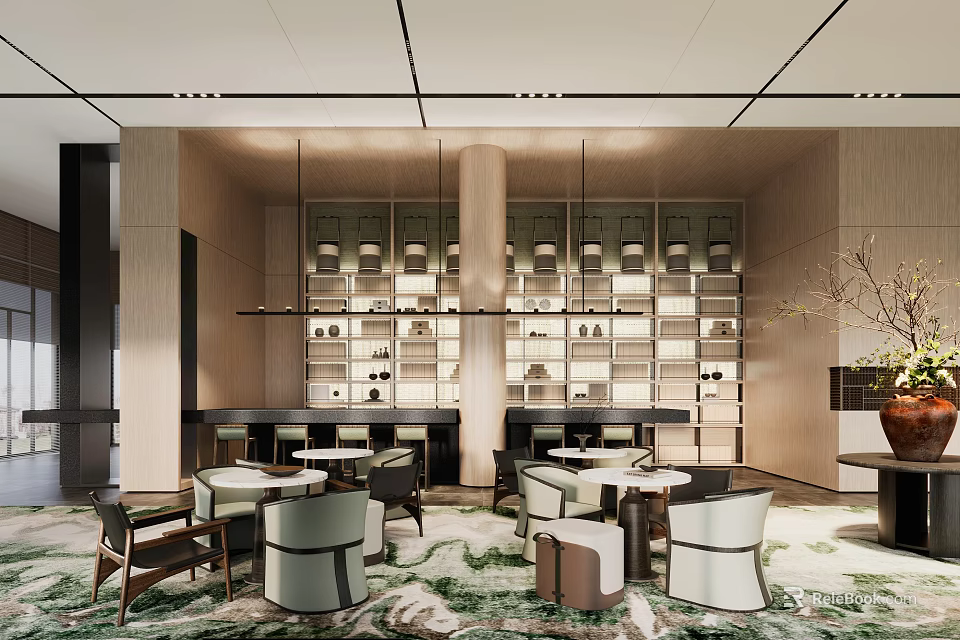 Modern Sales Office Interior With Comfortable Seating Hanging Lamps And Display Shelves 3d model 