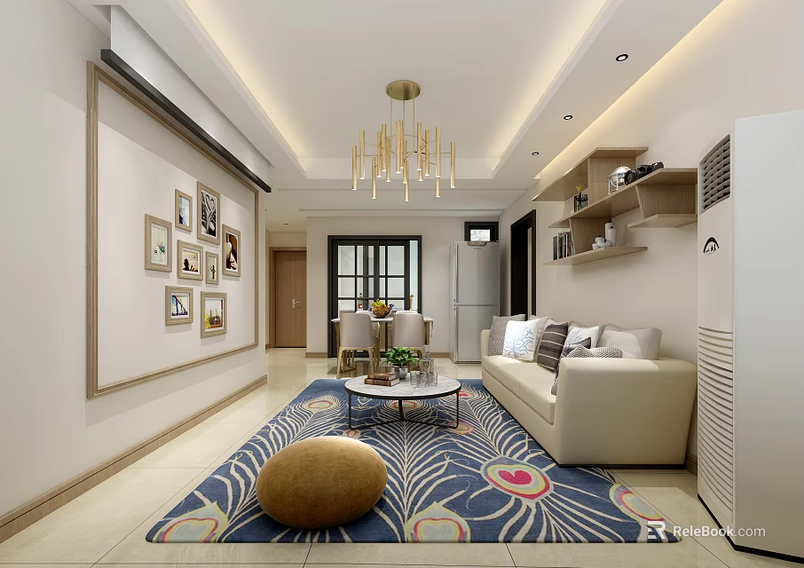 Modern Living and Dining Room Interior With Beige Sofa Coffee Table Patterned Rug Gold Chandelier 3d model 