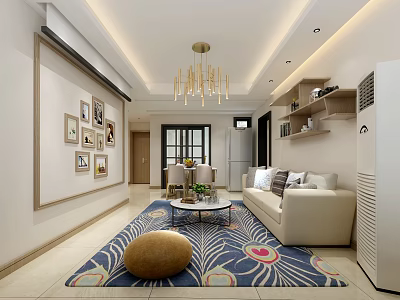 Modern Living and Dining Room Interior With Beige Sofa Coffee Table Patterned Rug Gold Chandelier 3d model