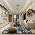 Modern Living and Dining Room Interior With Beige Sofa Coffee Table Patterned Rug Gold Chandelier