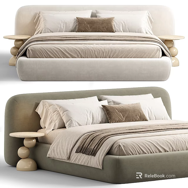 Modern Upholstered Double Bed With White And Brown Pillows Striped Linens And Round Nightstands 3d model 