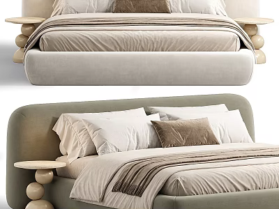 Modern Upholstered Double Bed With White And Brown Pillows Striped Linens And Round Nightstands 3d model