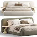 Modern Upholstered Double Bed With White And Brown Pillows Striped Linens And Round Nightstands