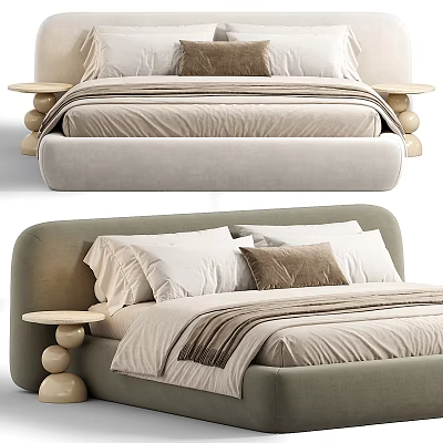 Modern Upholstered Double Bed With White And Brown Pillows Striped Linens And Round Nightstands 3d model