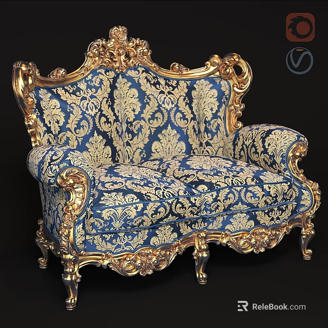 Luxurious Two Seater Sofa With Golden Carved Frame And Blue Gold Patterned Fabric 3d model 