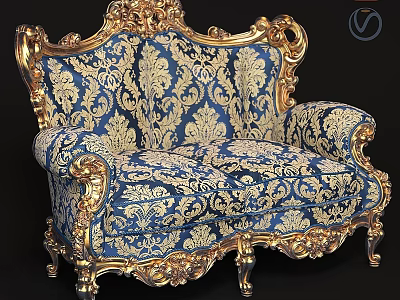 Luxurious Two Seater Sofa With Golden Carved Frame And Blue Gold Patterned Fabric 3d model