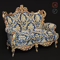Luxurious Two Seater Sofa With Golden Carved Frame And Blue Gold Patterned Fabric