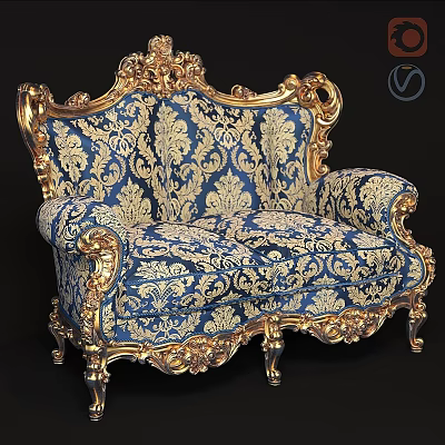 Luxurious Two Seater Sofa With Golden Carved Frame And Blue Gold Patterned Fabric 3d model