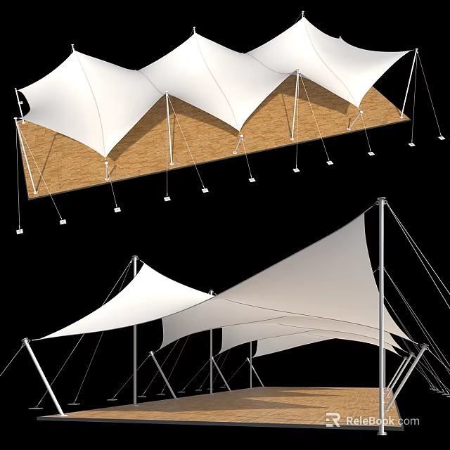 Modern White Tensile Membrane Structure With Metal Supports And Wooden Platform 3d model 