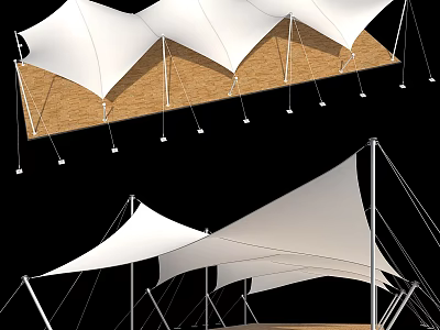 Modern White Tensile Membrane Structure With Metal Supports And Wooden Platform 3d model