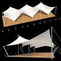 Modern White Tensile Membrane Structure With Metal Supports And Wooden Platform