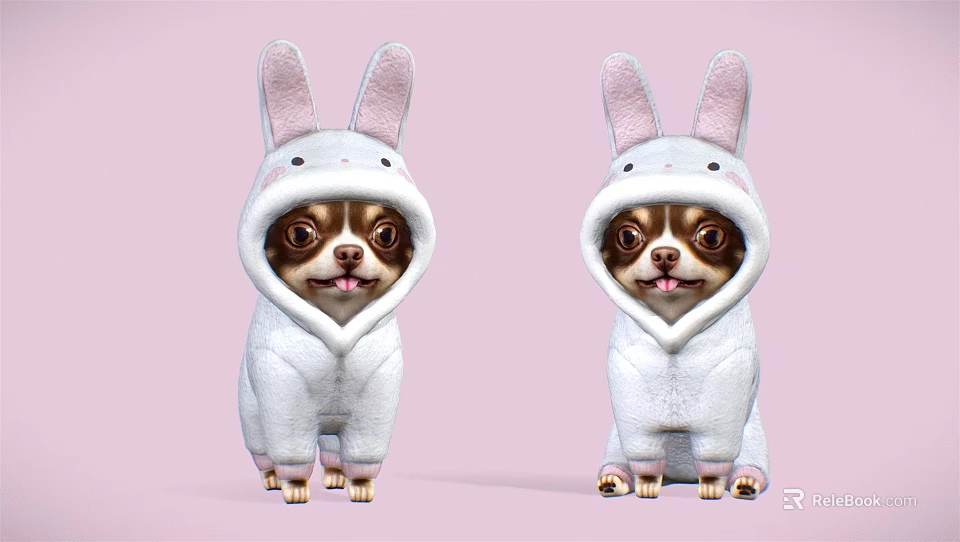 Cute Two Chihuahuas Wearing White Rabbit Costumes Sitting On Pink Background 3d model 