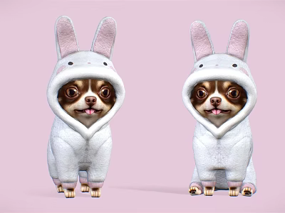Cute Two Chihuahuas Wearing White Rabbit Costumes Sitting On Pink Background 3d model Cute Two Chihuahuas Wearing White Rabbit Costumes Sitting On Pink Background 3d model