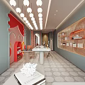 Public Office Space With Light Blue Walls Round Pendant Lights And Red Decorative Wall