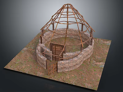 Circular Building Structure With Stone Walls Wooden Frame And Wooden Door On Earthen Ground 3d model