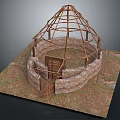 Circular Building Structure With Stone Walls Wooden Frame And Wooden Door On Earthen Ground