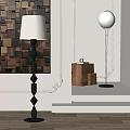 Modern Floor Lamp With Geometric Black Base White Lampshade And Wooden Wall Art