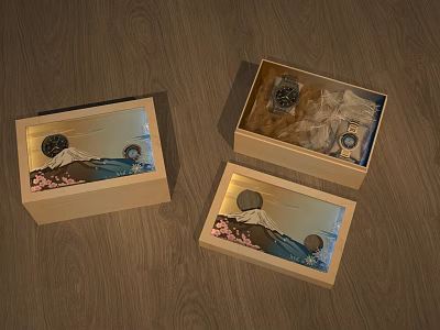 Wooden Jewelry Boxes With Mountain Moon Cherry Blossom Design And Watches Inside 3d model