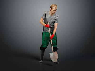 A Man Holding Shovel Wearing Gray T Shirt Green Pants And Red Gloves 3d model