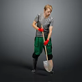 A Man Holding Shovel Wearing Gray T Shirt Green Pants And Red Gloves