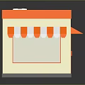 Small Retail Building with Orange Roof White and Orange Striped Awnings Windows and Door