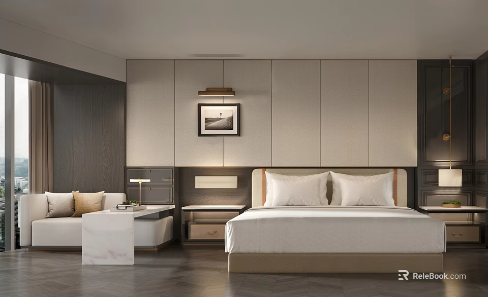Modern Hotel Guest Room Interior With King Bed Sofa And Neutral Tones 3d model 