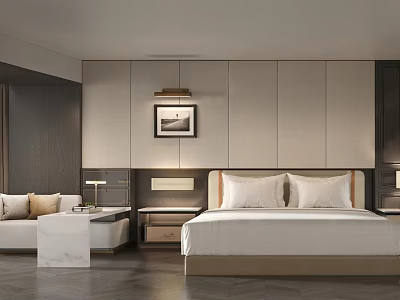 Modern Hotel Guest Room Interior With King Bed Sofa And Neutral Tones 3d model
