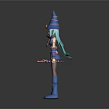 Woman With Blue Hair And Horned Wizard Hat In Colorful Outfit With Wings